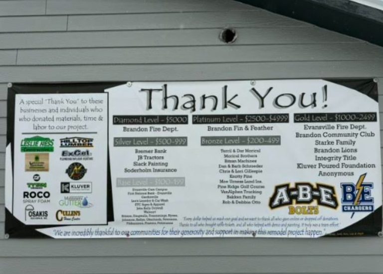 Thank you banner listing sponsors of the ABE Concession Stand remodel at Brandon-Evansville High School, including Lakeside Lumber