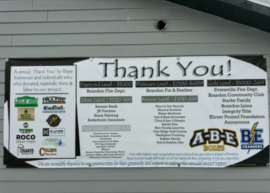 Thank you banner listing sponsors of the ABE Concession Stand remodel at Brandon-Evansville High School, including Lakeside Lumber