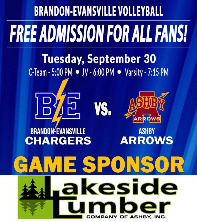 Brandon-Evansville Chargers vs Ashby Arrows volleyball game flyer with Lakeside Lumber as game sponsor providing free admission